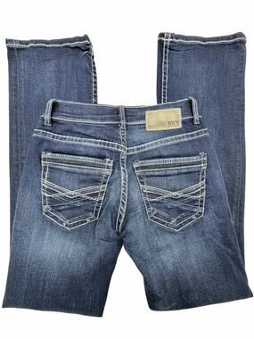 BKE Aiden Women’s Jeans 27x32 Bootcut Dark Wash Stretch Distressed Stitching